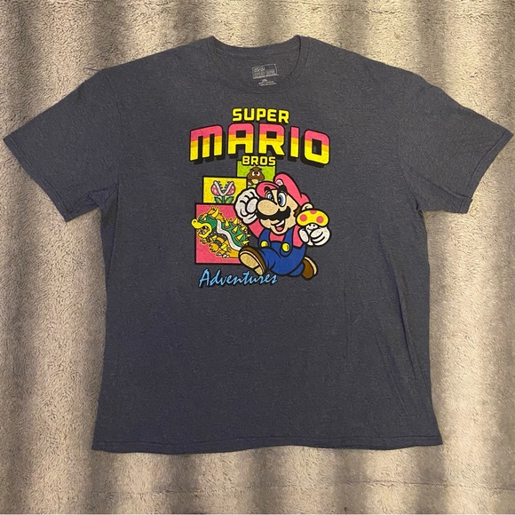 🍄 Super Mario Bros Adventures Tee Shirt Mens 2XL Blue Multi Color Mario Bowser - Picture 1 of 6